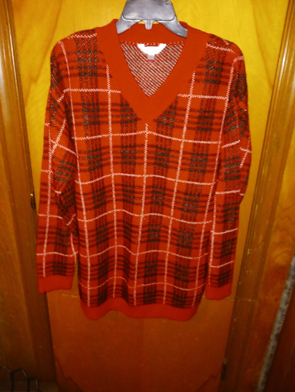 No Boundaries Red Plaid V-Neck Sweater